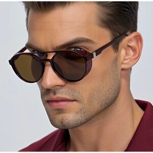 Aviator Sunglasses Brown Lens Style Side Shield Round Frame Driving Glasses Men